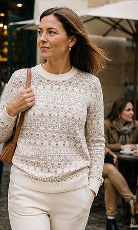 Woman wearing a KAMA merino turtleneck, skirt and knitted beanie.